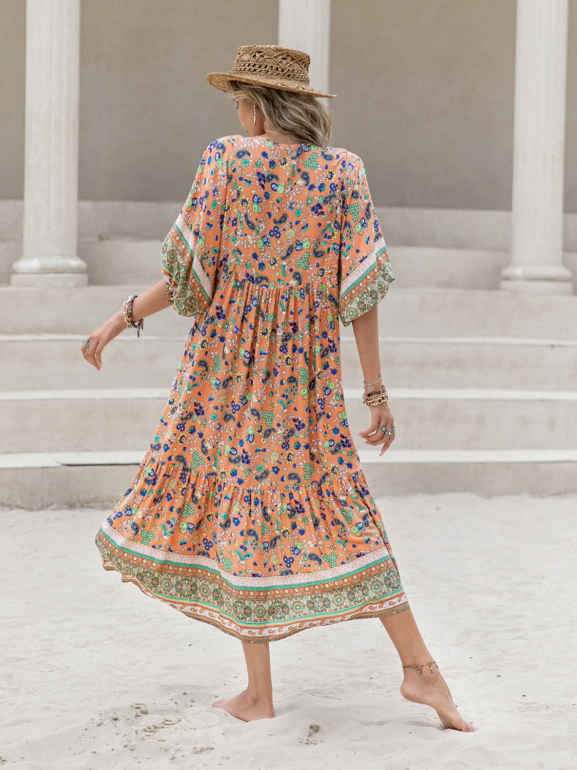 Bohemian Floral Printed V-Neck Short Sleeve Maxi Dress