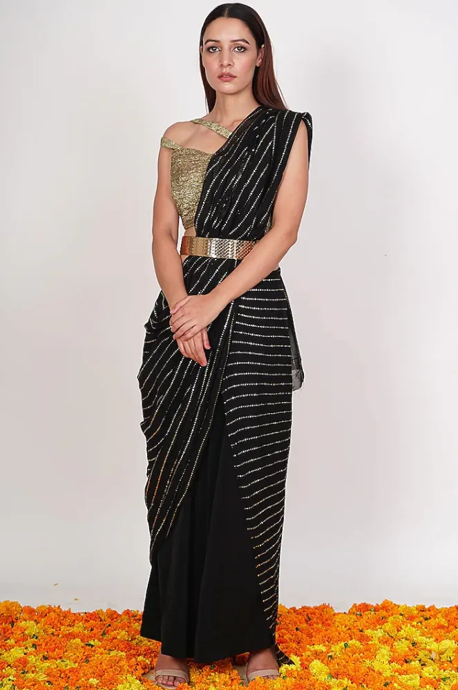 SAMPLE SALE: Black & Gold Pre-Draped Palazzo Pant Sari Set